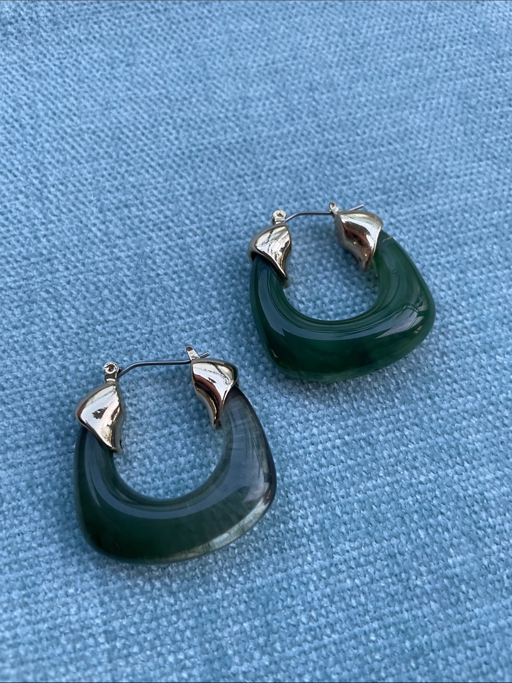 Classic Green Resin Hoop Earrings with Gold Accents